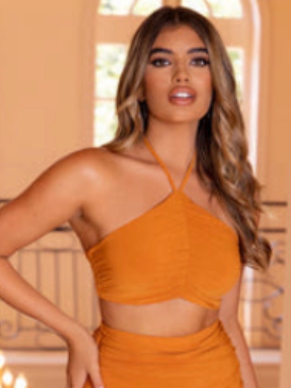 Cinched in | Orange Ruched Halter Neck Crop Top